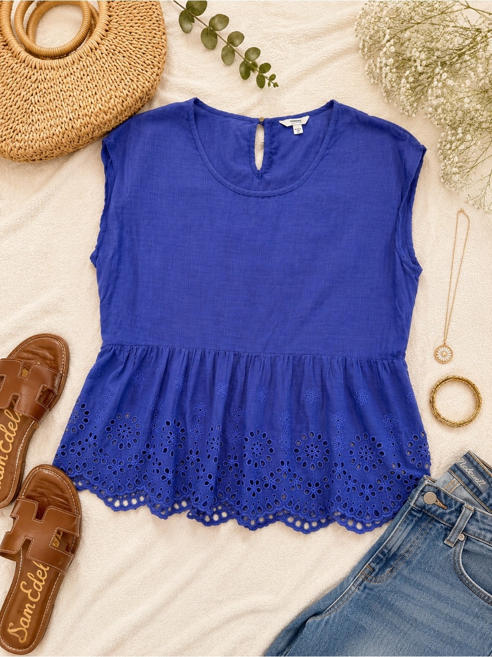 Sonoma Blue Eyelet Embroidered Peplum Top Size Large Boho Cottagecore